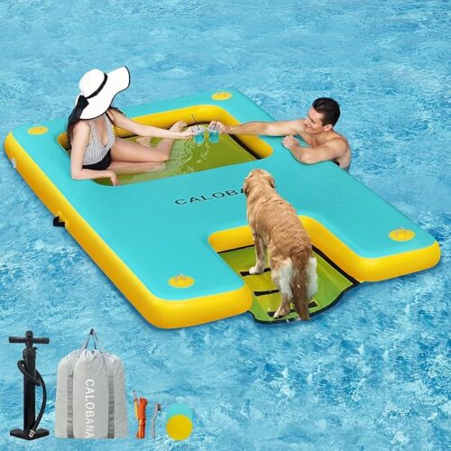 Inflatable Floating Dock with Mesh, Lake Floats with Boat Ramp Tanning Pool Lounger Water Hammock for Family Party Pool Sea River Dock Boat
